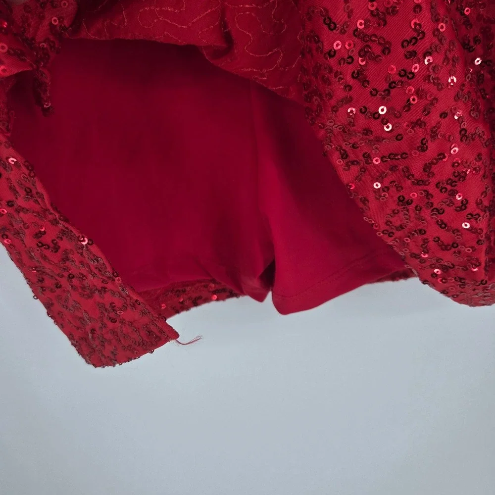 Balera Red Sequin Dance Leotard Dress Long Mesh Sleeve Mock Neck LC Kids